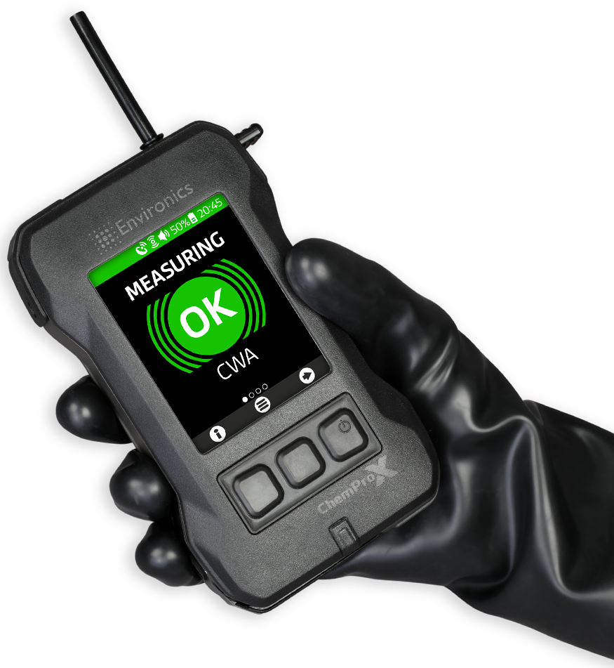 Hand holding ChemProX handheld chemical detector