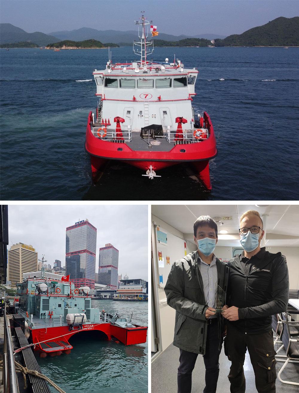 Fireboat 7 from Hong Kong Fire Services, and Training Manager Toni Leikas shaking hands with the customer.